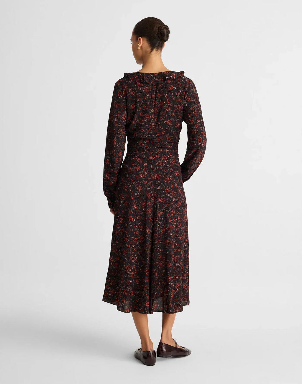 Floral Crepe Ruffle V-Neck Long Sleeve Ruched Waist Midi Dress