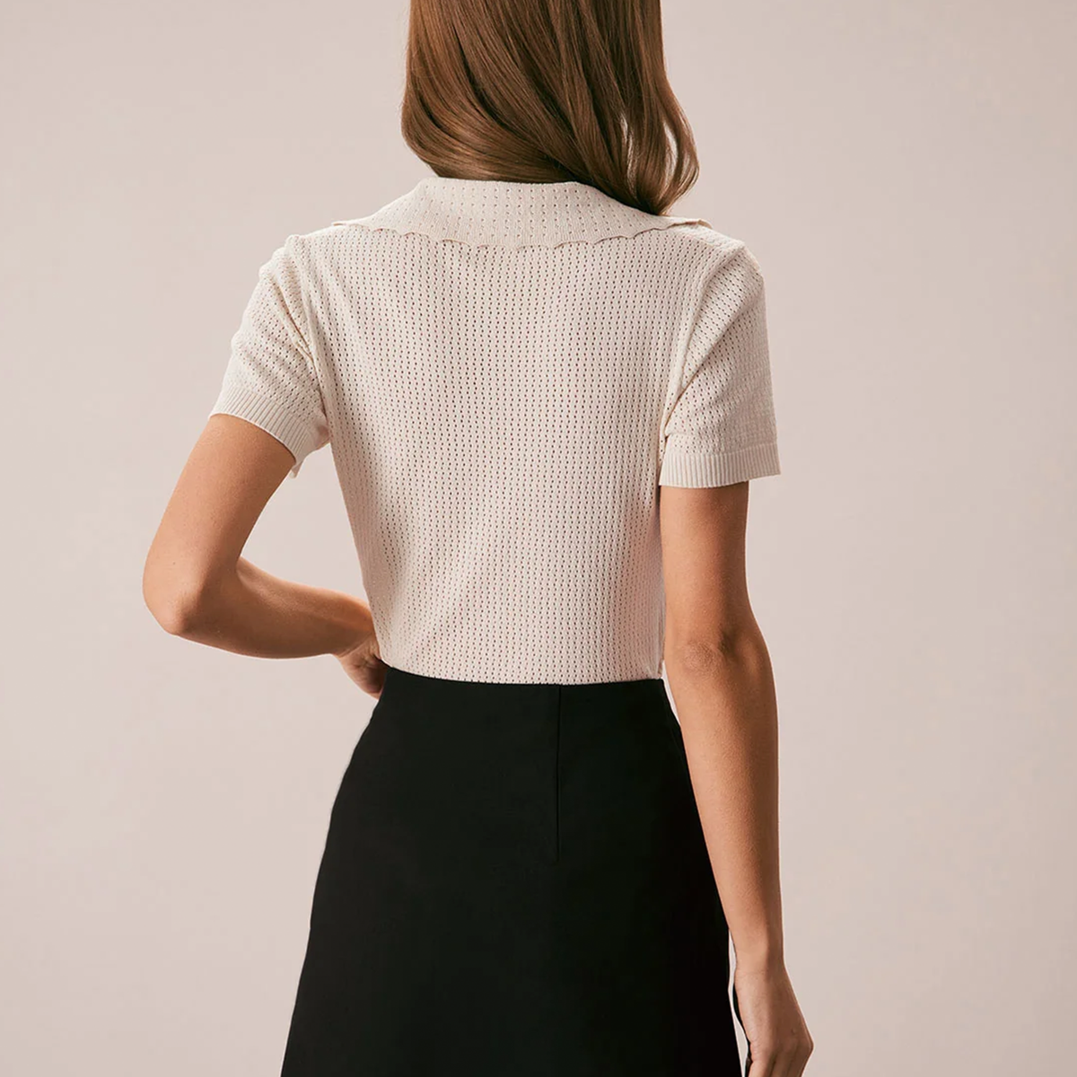 Pointelle Knit V‑Neck Button Short Sleeve Top